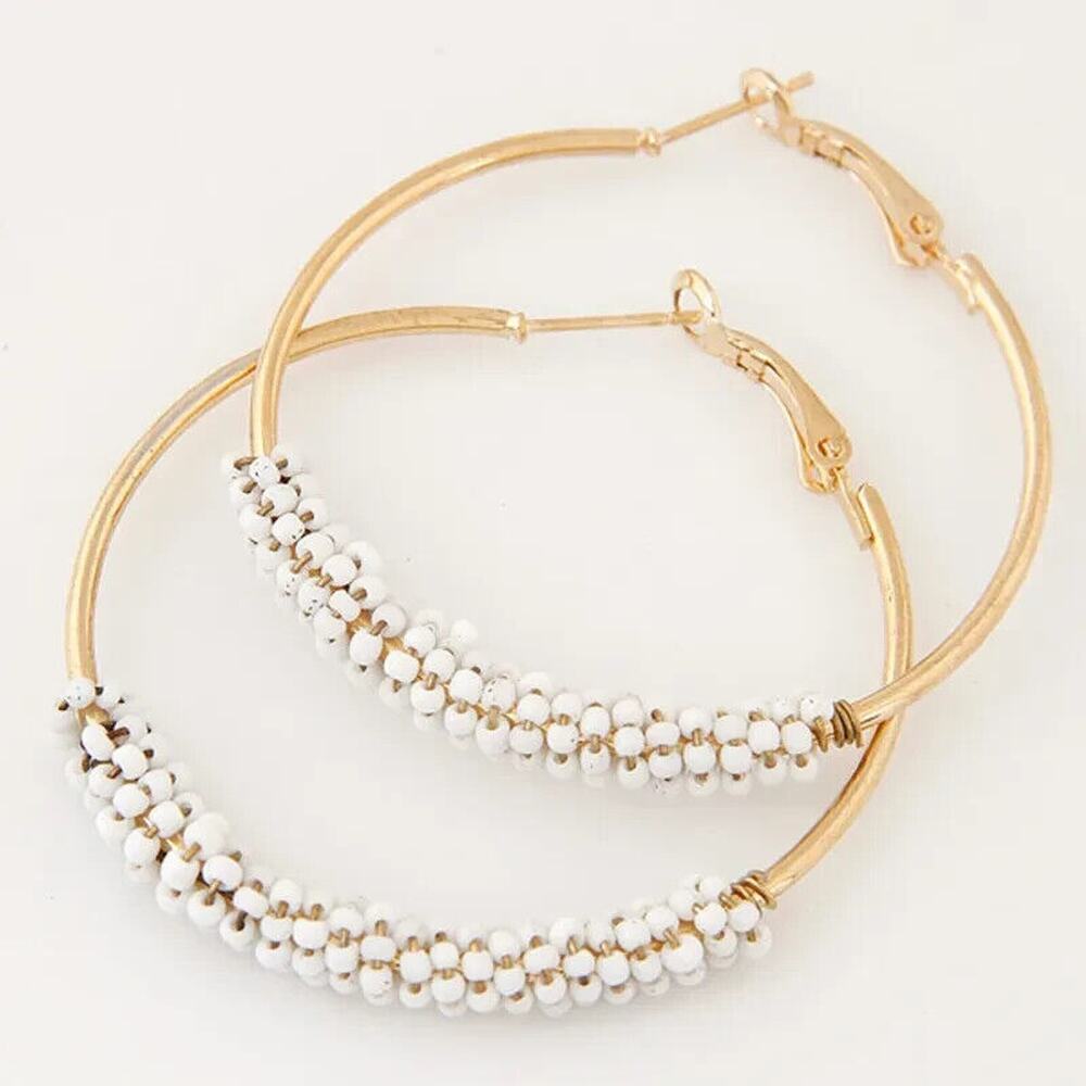 White Bead Oval Dangly Hinge Earrings Gold Tone Round Hoop Drop Classic